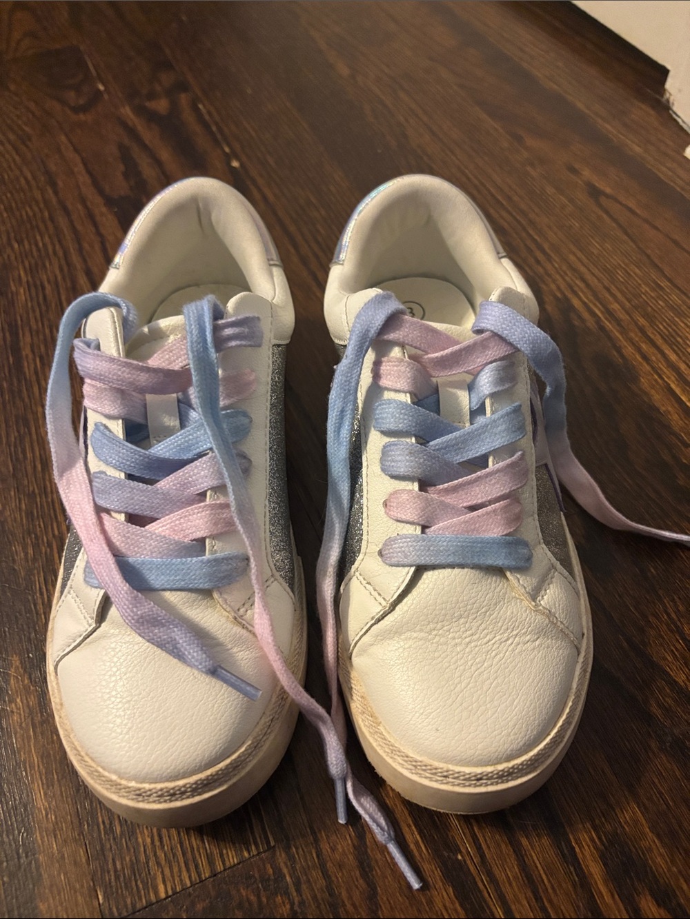 art class White Sneakers with Pastel Pink & Blue Laces